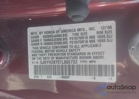 2007 Honda Element Ex from USA, damaged, VIN 5J6YH28707L006733